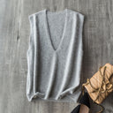 Women Fleece Wool Sweater Vest,Autumn Winter V-neck 4%Cashmere 91%Wool Blend, Knitted Pullover Tops