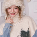 ELFSACK Women's Pullover Sweater Long Sleeve Denim Patchwork Sleeves Embroidered Loose Fit Preppy Yuppie Style Winter