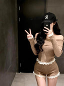 Sexy Retro One-Shoulder Knitted Sweater Two-Piece Set Short Style for Women Trendy Girl Outfit Autumn Winter New Arrival