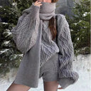 Women's Solid Color Knitted Three Piece Set Lazy Style Pullover Sweater Shorts Scarf 3 Piece Sets Knitwear Female Clothing New