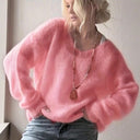 Lady Pullover Sweater Autumn Elegant V-neck Sweater Tops Causal Long Sleeve Solid Color Knitted Autumn Winter Womens Clothing
