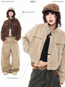 Women's Brown Cargo Jacket Vintage Harajuku Korean Style Lapel Outerwear Loose Long Sleeve Cropped Jacket for Women Autumn