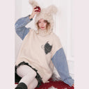 ELFSACK Women's Pullover Sweater Long Sleeve Denim Patchwork Sleeves Embroidered Loose Fit Preppy Yuppie Style Winter