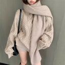 Women's Solid Color Knitted Three Piece Set Lazy Style Pullover Sweater Shorts Scarf 3 Piece Sets Knitwear Female Clothing New