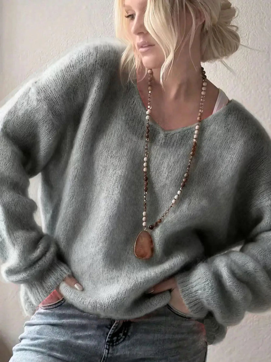 Lady Pullover Sweater Autumn Elegant V-neck Sweater Tops Causal Long Sleeve Solid Color Knitted Autumn Winter Womens Clothing