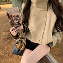 Women Cropped Trench Coat Stand Collar Double Breasted Loose Fit Long Sleeve British Style Casual Outerwear For Spring Autumn