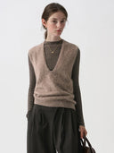 Women Fleece Wool Sweater Vest,Autumn Winter V-neck 4%Cashmere 91%Wool Blend, Knitted Pullover Tops