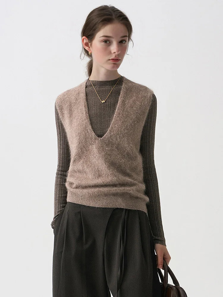 Women Fleece Wool Sweater Vest,Autumn Winter V-neck 4%Cashmere 91%Wool Blend, Knitted Pullover Tops