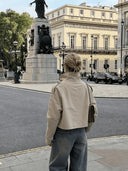 Women Beige Cropped Trench Coat Stand‑Collar Double‑Breasted Loose Streetwear Jacket Outerwear