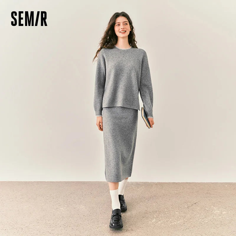 Semir Women Knit Set Color Block Two Piece Design Soft Touch Straight Skirt 2026 Winter Coordinated Look Everyday Style