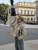 Women Beige Cropped Trench Coat Stand‑Collar Double‑Breasted Loose Streetwear Jacket Outerwear