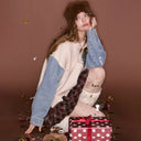 ELFSACK Women's Pullover Sweater Long Sleeve Denim Patchwork Sleeves Embroidered Loose Fit Preppy Yuppie Style Winter