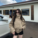 Women Cropped Trench Coat Stand Collar Double Breasted Loose Fit Long Sleeve British Style Casual Outerwear For Spring Autumn