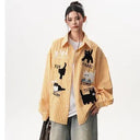 Women Plaid Long Sleeve Shirt Cat Embroidery Loose Casual Sun  Blouse Thin Breathable Shacket Tops