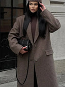 Women Elegant Shoulder Pad Wool Blend Overcoat Brown Lapel Single-Breasted Long Sleeve Coat 2025 Autumn Lady Commuter Outerwear
