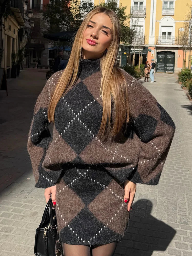 HH Women 2 Piece Set Elegant Skirt Suit High Collar Long Sleeves Plaid Knitted Pullover+High Waist Mini Skirt Street Style Suit