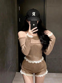 Sexy Retro One-Shoulder Knitted Sweater Two-Piece Set Short Style for Women Trendy Girl Outfit Autumn Winter New Arrival