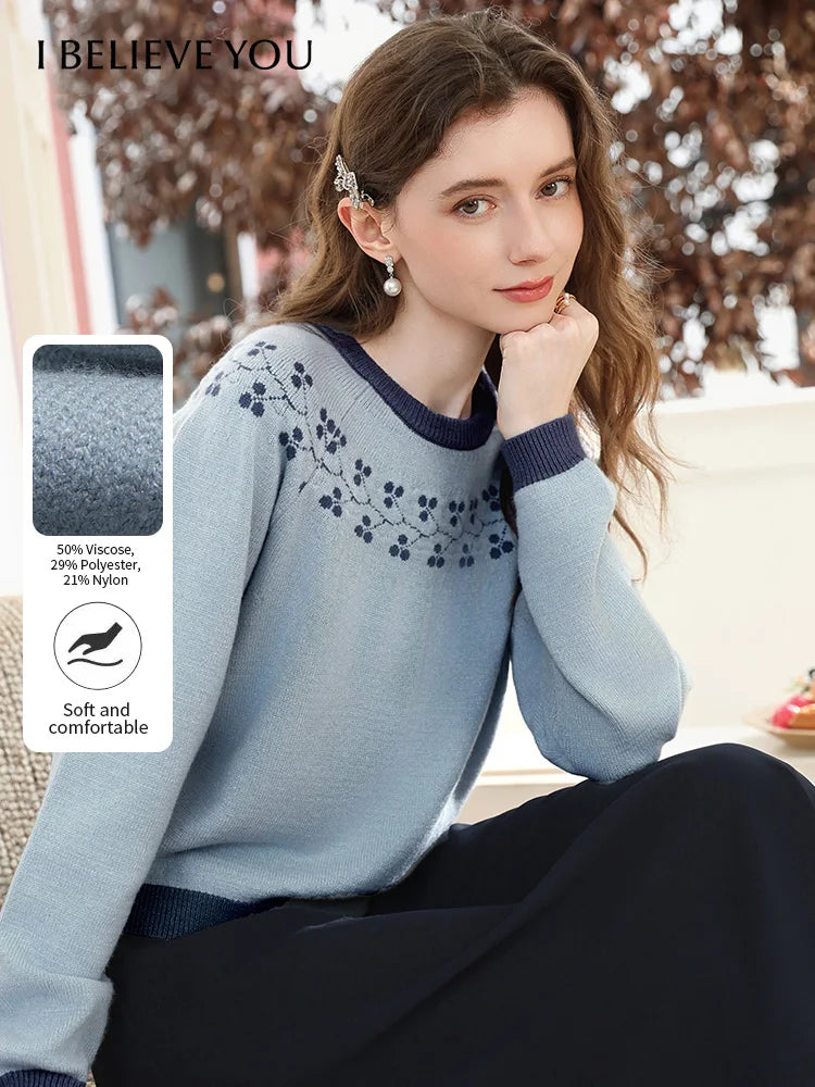 I BELIEVE YOU Women's Pullover 2025 Winter Elegant Geometric Jacquard Round Neck Long Sleeve Top Loose Soft Sweater 2254126084
