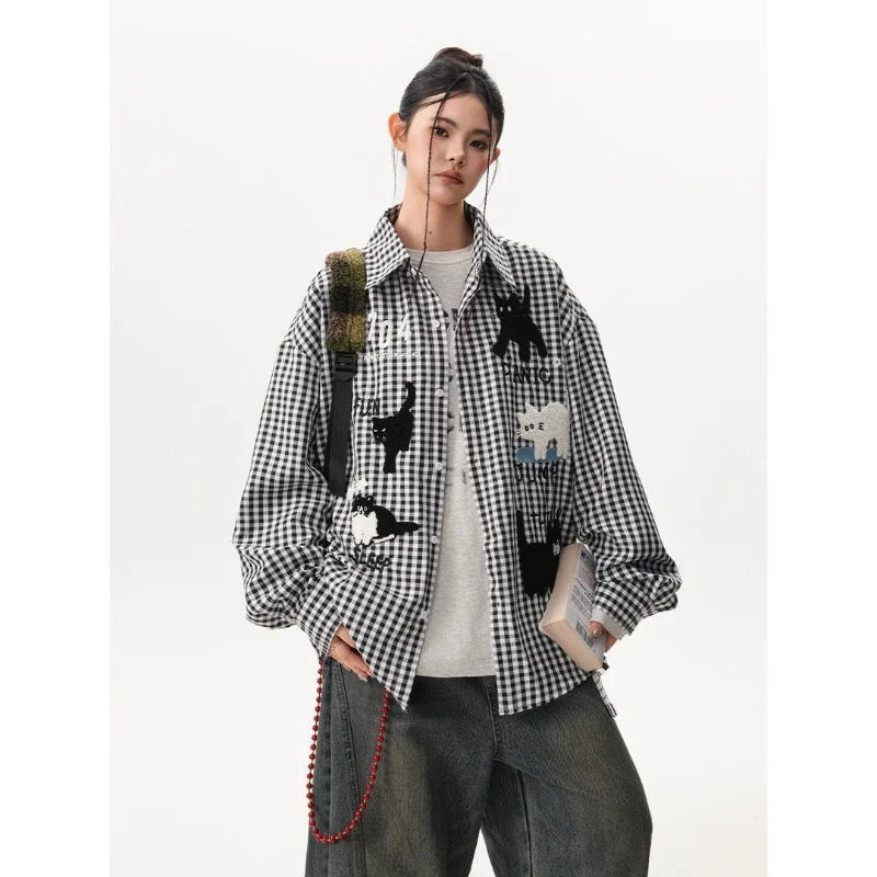 Women Plaid Long Sleeve Shirt Cat Embroidery Loose Casual Sun  Blouse Thin Breathable Shacket Tops