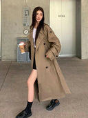 Vintage Elegant Women Long Trench Casual England Long Sleeve Belt Coat Jacket Fall Winter Lady Sweet Retro Harajuku Pockets Tops