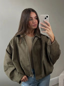 HH Autumn Women Loose Casual Oversize Jacket Vintage Solid Long Sleeve Zipper Suede Coat New Fashion Female Y2K Streetwear