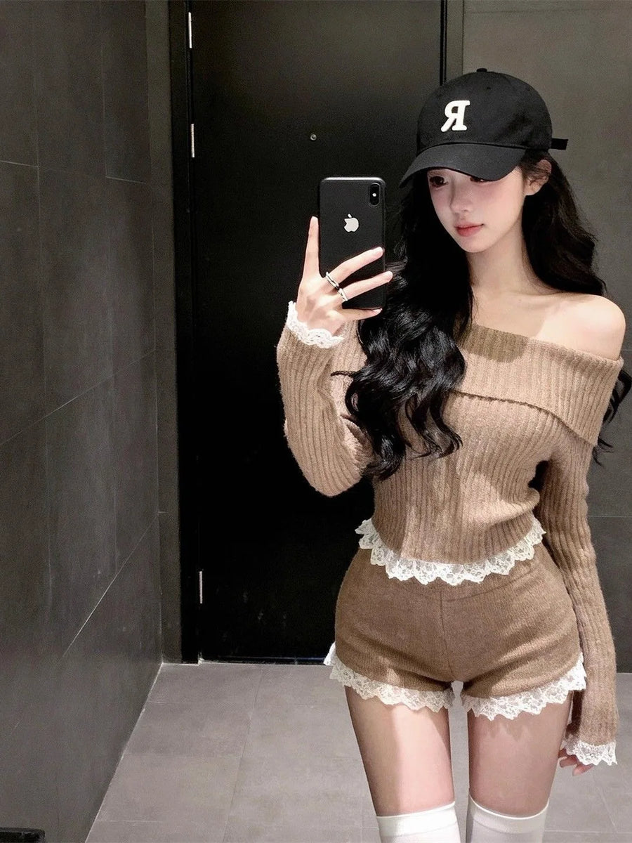 Sexy Retro One-Shoulder Knitted Sweater Two-Piece Set Short Style for Women Trendy Girl Outfit Autumn Winter New Arrival