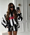 Autumn Women Striped Letter Jacquard Knit Set V Neck Loose Knit Sweater Casual Shorts Street Matching Sets Ladies Sweater Outfit
