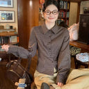 American Plaid Shirt Women Vintage Turn Down Collar Slim Blouse Autumn Casual Retro Long Sleeve Single Breasted Female Tops New