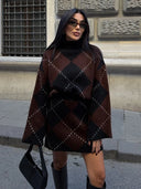 HH Women 2 Piece Set Elegant Skirt Suit High Collar Long Sleeves Plaid Knitted Pullover+High Waist Mini Skirt Street Style Suit