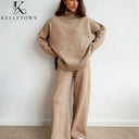 2026 Autumn Winter Knitted Pants Set Turtleneck Sweater High Waist Wide Leg Pant Suits Ladies Casual Warm Sweater 2 Piece Set