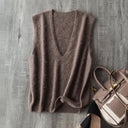 Women Fleece Wool Sweater Vest,Autumn Winter V-neck 4%Cashmere 91%Wool Blend, Knitted Pullover Tops
