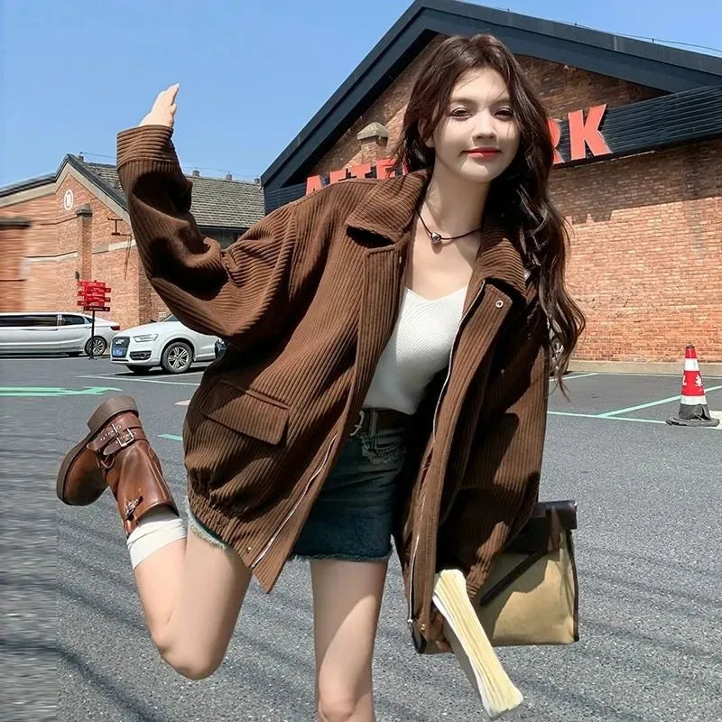 Vintage Corduroy Jacket Women Harajuku Streetwear Long Sleeve Coat Autumn Winter Ladies Korean Pockets Zipper Casual Outerwears