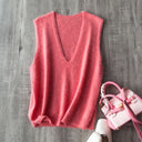 Women Fleece Wool Sweater Vest,Autumn Winter V-neck 4%Cashmere 91%Wool Blend, Knitted Pullover Tops