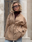 women Coat Stand Collar Drawstring Waist Trench Jacket 2025 Autumn Commute Long Sleeves Casual Women's Mid-Length Trench Coat
