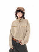 Women's Brown Cargo Jacket Vintage Harajuku Korean Style Lapel Outerwear Loose Long Sleeve Cropped Jacket for Women Autumn