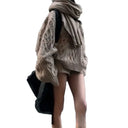 Women's Solid Color Knitted Three Piece Set Lazy Style Pullover Sweater Shorts Scarf 3 Piece Sets Knitwear Female Clothing New