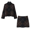 HH Women 2 Piece Set Elegant Skirt Suit High Collar Long Sleeves Plaid Knitted Pullover+High Waist Mini Skirt Street Style Suit