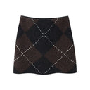 HH Women 2 Piece Set Elegant Skirt Suit High Collar Long Sleeves Plaid Knitted Pullover+High Waist Mini Skirt Street Style Suit