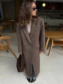 Women Elegant Shoulder Pad Wool Blend Overcoat Brown Lapel Single-Breasted Long Sleeve Coat 2025 Autumn Lady Commuter Outerwear