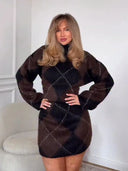 HH Women 2 Piece Set Elegant Skirt Suit High Collar Long Sleeves Plaid Knitted Pullover+High Waist Mini Skirt Street Style Suit