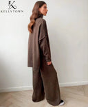 2026 Autumn Winter Knitted Pants Set Turtleneck Sweater High Waist Wide Leg Pant Suits Ladies Casual Warm Sweater 2 Piece Set
