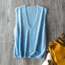 Women Fleece Wool Sweater Vest,Autumn Winter V-neck 4%Cashmere 91%Wool Blend, Knitted Pullover Tops