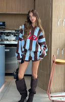Autumn Women Striped Letter Jacquard Knit Set V Neck Loose Knit Sweater Casual Shorts Street Matching Sets Ladies Sweater Outfit