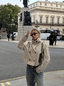 Women Beige Cropped Trench Coat Stand‑Collar Double‑Breasted Loose Streetwear Jacket Outerwear