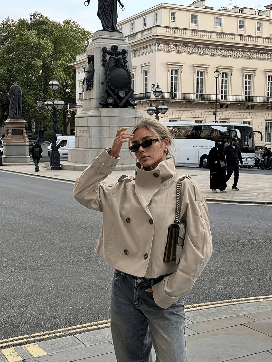 Women Beige Cropped Trench Coat Stand‑Collar Double‑Breasted Loose Streetwear Jacket Outerwear