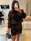 HH Women 2 Piece Set Elegant Skirt Suit High Collar Long Sleeves Plaid Knitted Pullover+High Waist Mini Skirt Street Style Suit