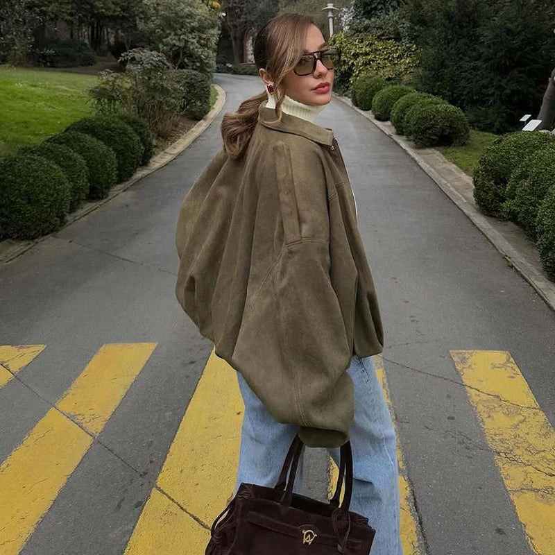 MUJER Faux Suede Bomber Jackets for Women Zip Oversized Jacket Woman Outerwears Padded Varsity Jackets Streetwear Women's Coats