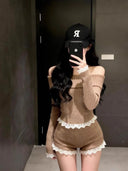 Sexy Retro One-Shoulder Knitted Sweater Two-Piece Set Short Style for Women Trendy Girl Outfit Autumn Winter New Arrival