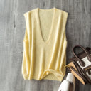 Women Fleece Wool Sweater Vest,Autumn Winter V-neck 4%Cashmere 91%Wool Blend, Knitted Pullover Tops
