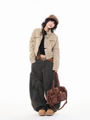 Women's Brown Cargo Jacket Vintage Harajuku Korean Style Lapel Outerwear Loose Long Sleeve Cropped Jacket for Women Autumn